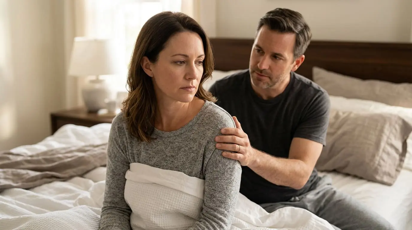 Woman experiencing low libido symptoms in bedroom