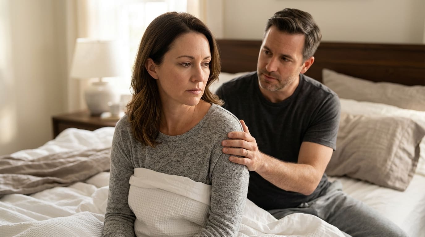 Woman experiencing low libido symptoms in bedroom