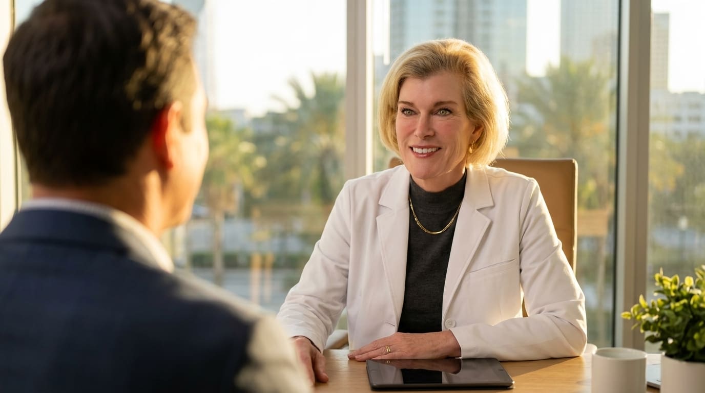 Dr. Julia Springs MD MPH consulting with a patient at her medical marijuana clinic in Tampa, Florida